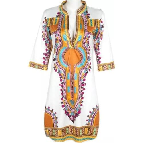 Casual African Dashiki Printed Bomber Dress For Women 1/2 Short Sleeves Robe Split Neck Midi Pencil Shirt Dress 3XL Clothes Lady