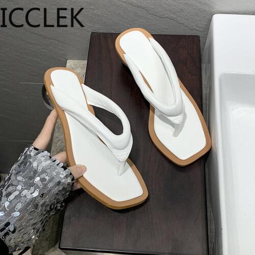 Square Head Slippers Summer Ladys Flip Flops Slippers Crystal Transparent Ball Low Heel Clip Toe Slippers Women Slides Shoe A050