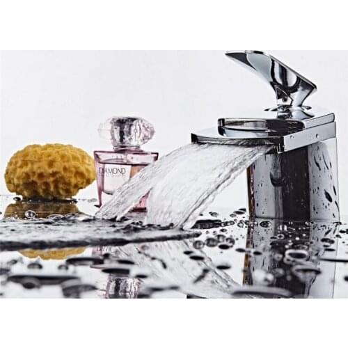 Bathroom single hole sink basin faucet hot and cold, Brass short style basin faucet waterfall, Copper wash basin faucet mixer