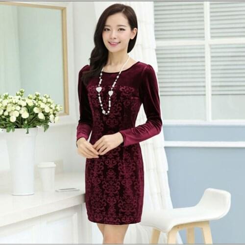 Spring Autumn Gold Velvet Long-Sleeved Dress Women Printed Bag Hip Straight Dress Autumn Winter Slim Velvet Vestidos Mujer Q310