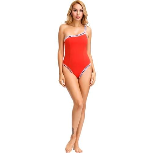 High Quality Sports Bikini Orange Red One Piece Swimsuit Sexy Swimwear Women One Shoulder Maillot