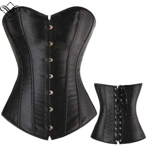 Wechery Sexy Corsets and Bustiers Women Satin Bustier Lace up Boned Top Corset Overbust Brocade Corselet Steampunk Gothic