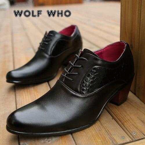 WOLF WHO 2020 New Men Dress Wedding Shoes Glossy Leather 6cm High Heels Male Pointed Toe Heighten Casual Shoes Party Prom X-196