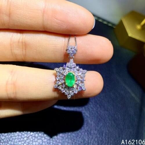Fine Jewelry 925 Pure Silver Inlaid Natural Emerald Girl Popular Lovely Plant Chinese Style Gem Pendant Necklace Support Detecti
