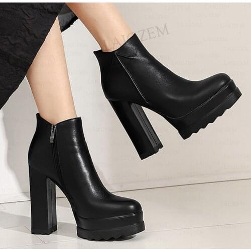 LAIGZEM Women Ankle Boots Genuine Leather Zip Up Thick Heels Boots Black Beige Autumn Winter Ladies Shoes Woman Size 33 39 40