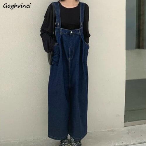 Women Jumpsuits Frayed Denim Solid Loose Wide Leg Button High Waist Elastic Korean Style Vintage Retro Female Trouser All-match