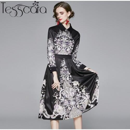 TESSCARA Women Autumn Vintage Dress Shirt Suit Set High Quality Elegant Party Robe Femme Runway Designer Black Vestidos