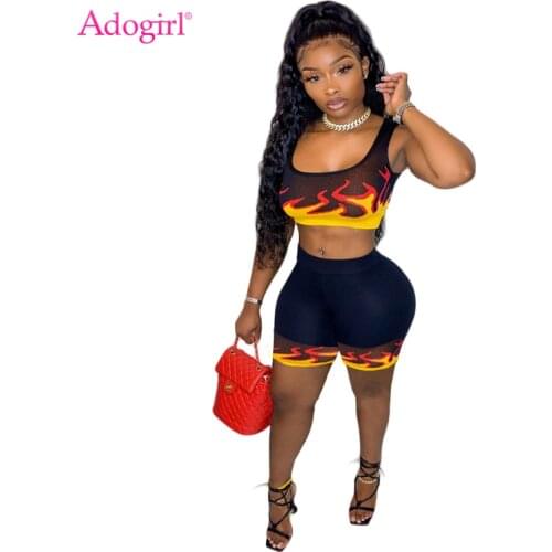 Adogirl Fire Print Women Tracksuit 2021 Summer Casual Two Piece Set Sleeveless Vest Crop Top Skinny Shorts Jogging Suits