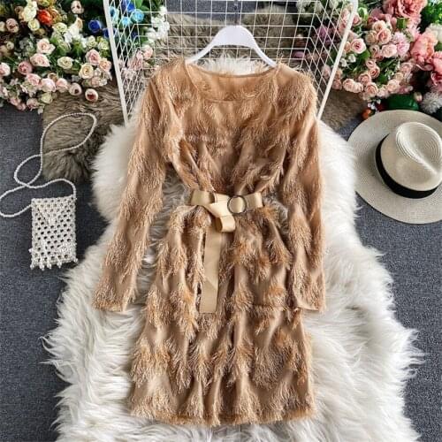 2021 Autumn Women Long Sleeve Sahes Dress Elegant Lady O-neck Tassel Dresses Party Dress Vestidos Winter Bottomings Mini WZ1512