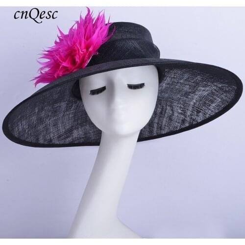 2020 Extra large brim black/fuchsia dress Church Sinamay hat Kentucky Derby hatinator for wedding,races,party