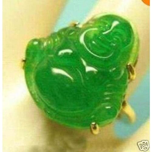 Free shipping >>>>>>Jewelry Smile Belly Buddha Carving Green stone Gilded Women Rings Size 7,8,9