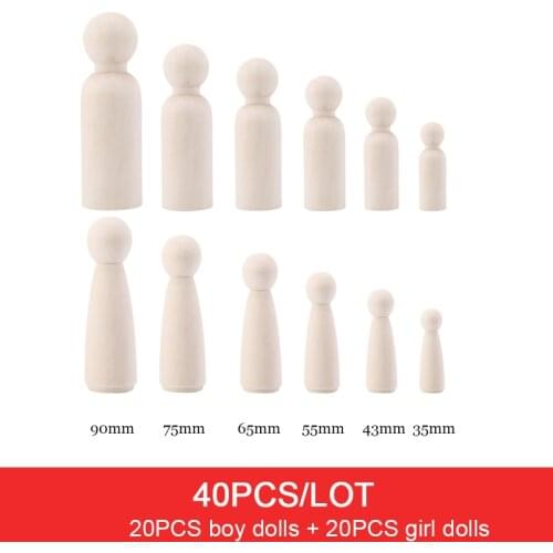 40PCS a Pair 90mm,75mm,65mm,55mm,35mm Wooden Peg Dolls Handmade DIY Blank Log Wood Dolls For Home Decor Unfinished diy Pegdolls