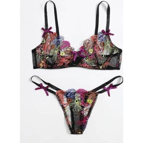 Women Sexy Floral Lace Flower Pirint Push Up Bra Rhinestone Brassiere and Panty Sets Seamless T Back Thongs Lingerie