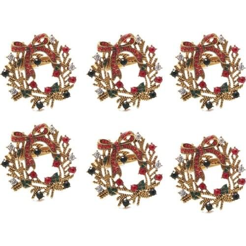 Hot YO-6Pcs Christmas Wreath Napkin Rings Metal Napkin Buckle Napkin Holder Napkin Circle Hotel Restaurant Wedding Party Dinner