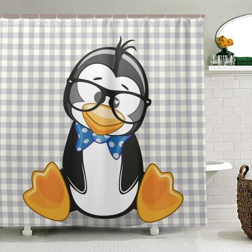 Hipster Penguin On A Plaid Background Shower Curtains Waterproof Cartoon Printed Bathroom Curtain Polyester Fabric Bath Curtain