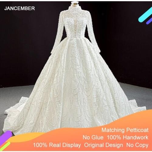 J67129 JANCEMBER Wedding Dresses 2021 Pearl Beading Lace Up Backless Chapel Train High Organza Bridal Dresses Ball Gown