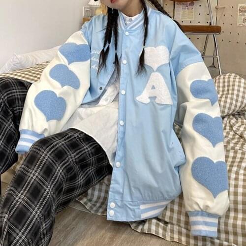 Bomber Jacket Women Baseball Uniform Love Sleeves Korean Loose Fashion Casual Autumn Coat Harajuku Streetwear Vintage Clothing