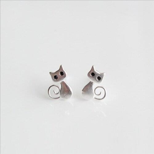 Daisies Pure 925 Sterling Silver Jewelry Cat Animal Earrings with Black Zircon Statement Earrings for Women pendientes de plata