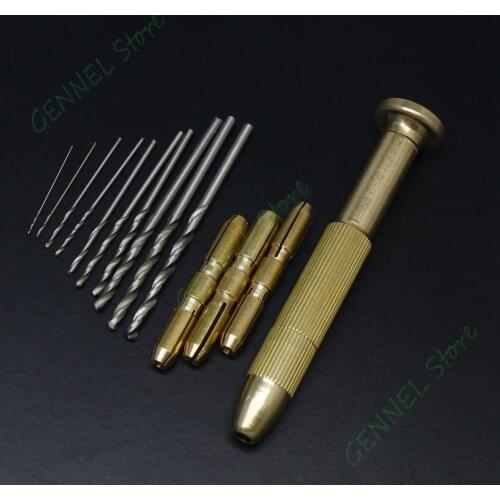 Copper Rotary Handle w/ 10 Micro Precision Drill Bit Set Tool for Jewelry PCB Repair