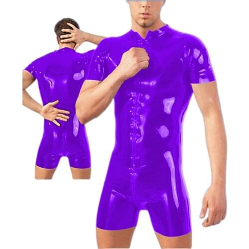 Mens Pvc Bodysuit Skinny Faux Leather Stretch Sexy Bodycon Bodysuits Open Crotch Zipper Jumpsuit Plus Size Party Club Clothing