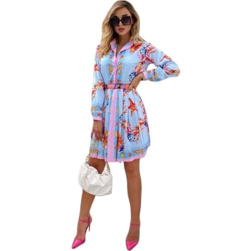 Fashion Flower Print A-Line Dress 2021 Spring Autumn Casual Cute Women Blouse Shirt Dresses Fashion Long Sleeve Vestidos