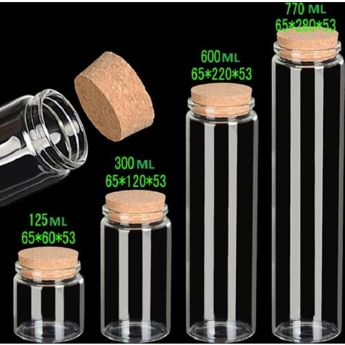 Cork Lid Glass Bottle Storage Bottle Jar Dia. 65mm Vial Cylindrical Wishing Vial Gift Pack Drift Bottles 125ml 300ml 600ml 770ml