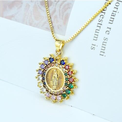 Rainbow Virgin Mary Necklaces for Women Gold Chains Necklace Crystal Peace Zircon Catholic Jewelry Virgen De Guadalupe