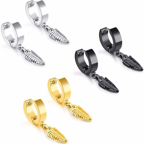 Vintage Stainless Steel Leaf Hoop Earrings For Women men Trendy Gold /Black/steel Color Mlae Female Party Daily Jewelry Gift
