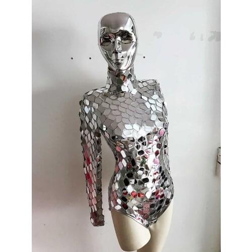 Future show space Shining Sequins Bodysuit Machine Dance Costume Silvery Mirrors Leotard Jumpsuit Lady Jazz Dance Wear