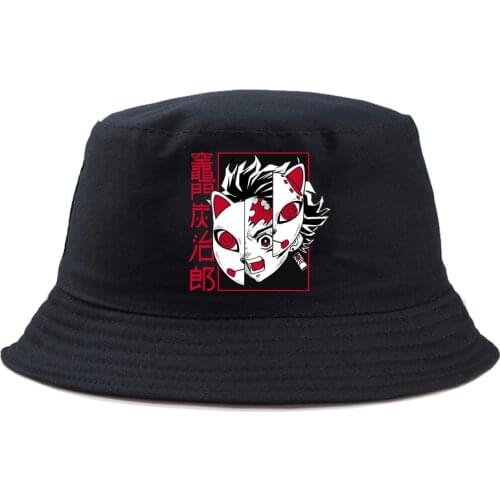 Japanese Anime Demon Slayer Print Black Bucket Hats For Women Men Fishing Hat Panama Hip Hop Cap Sun Summer Sunscreen caps