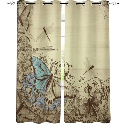 Wood Grain Plant Butterfly Retro Print Curtains for Living Room Drapes Cortinas for Kids Boy Girl Bedroom Window Treatments