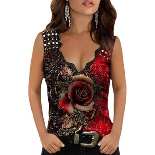 Rose Floral Sleeveless Vest Shirt Women Summer Sexy Casual V Neck Loose T Shirt Plus Size Printed Elegant Fashion Top