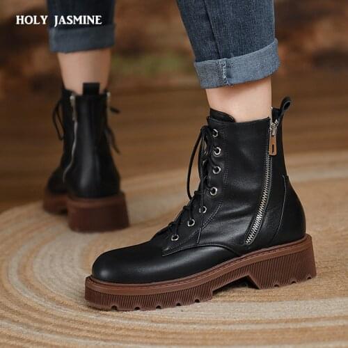 Genuine Leather Retro Platform Female Mid-Calf Boots Cross Tied Round Toe Chunky Heels Shoes for Women Party Working Shoes Woman