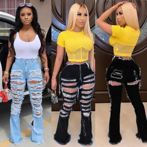 High Waist Ripped Flare Jeans Pants for Women 2020 Streetwear Sexy Ladies Trousers Holes Tassel Bell Bottoms Skinny Denim Jeans