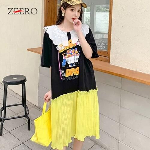 Female Korean Loose Lacel Doll Collar Print Splicing Pleated Dresses for Women Summer Girlish Style Midi Dress Vestido De Mujer