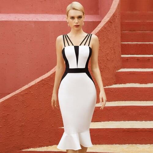 New Fashion 2021 summer Womens white & black v neck fluted hem Bandage Dress party evening dress Wholesale dropship