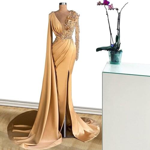 Deep V neck gold woman ceremony dresses for weddings abendkleider lange kristall 2020 vestidos cerimonia para casamentos mulher