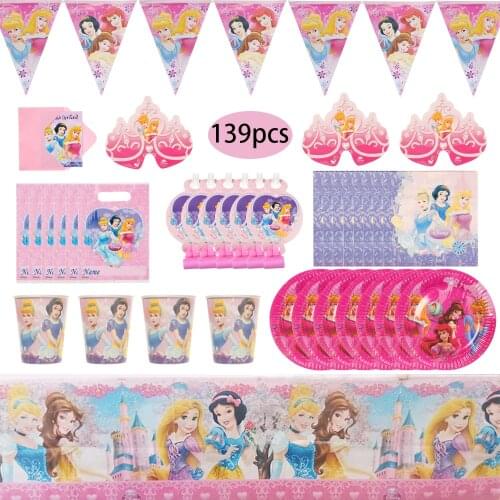 139pcs Disney Princess Party Tableware Dinner Set Decor Supplies Happy Birthday Napkins Cup Plate Gift Bag Tablecloth For Party