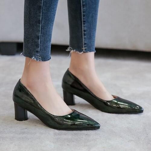 2021 spring New Women Pumps High heels Lady Patent leather Thick Pointed Single Shoes Female work shoes zapatos de mujer 32-43