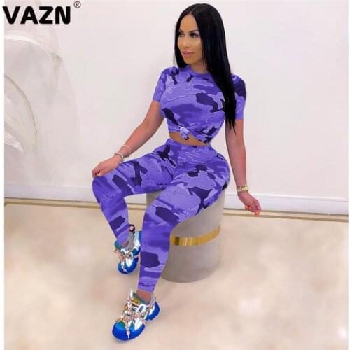 VAZN 2021 Casual Daily Short Sleeve Punk Style Camouflage Ladies V-neck Sexy High Street Set Sport Women Young Energetic Set