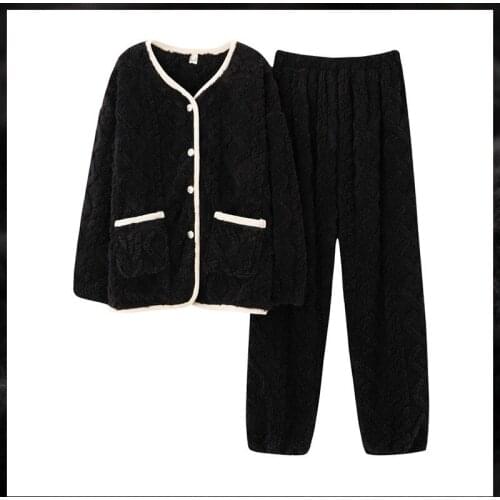 Full Sleeve Pant Coral Velvet Homewear Womens Loose 2PCS Pajamas Suit M-3XL Winter Casual Sleepwear Thicken Warm Nightwear