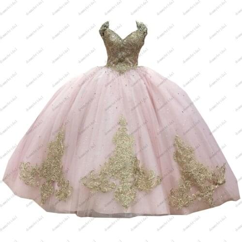Elegant Gold Embroidery Blush Pink 2021 Quinceanera Dresses Corset Back 15 Years Ball Gown Party Debutante Fluffy Evening Dress