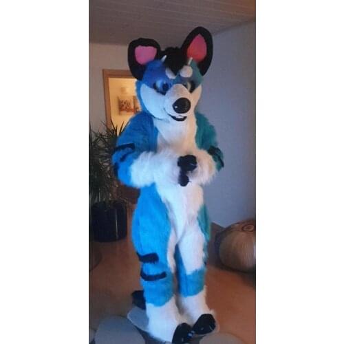 Blue Long Fur Blue Husky Dog Fox Wolf Fursuit Mascot Costume Suit Cosplay Party Game Fancy Dress Adults Parade Advertising 2019