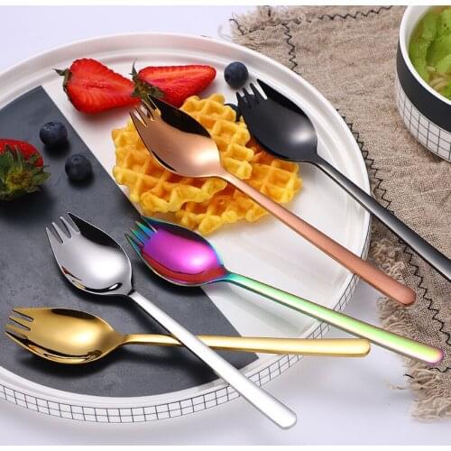 3 IN 1 Kitchen Tableware Tools Stainless Steel Sporks Dessert Fork Spoon Noodles Salad Fruit Utensils Tools Kitchen Food Picks