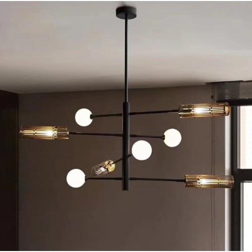 Wrought iron industrial chandelier Nordic iron cage rotating luxury glass lustre suspension lamp for living dining room kitchen