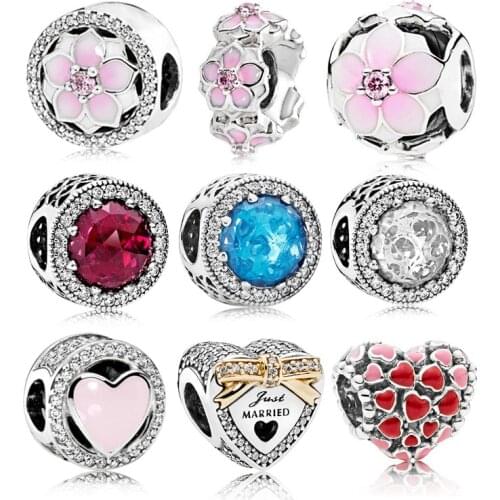 Magnolia and cats eye crystal bead diy unique charms bracelet bangle fit original pandora bracelet accessories for women gift