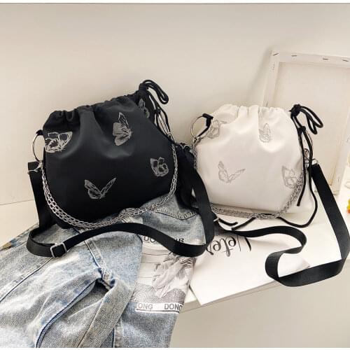 Fashion Luminous Butterfly Pattern Messenger Bag Women Drawstring Chain Shoulder Pouch Nylon Casual Travel Street Lady Handbag