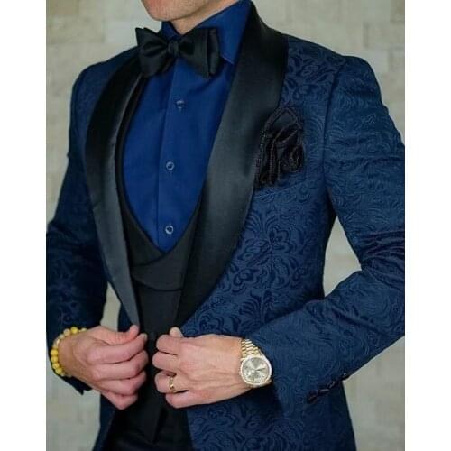 Men Suits Navy Blue Pattern and Black Groom Tuxedos Shawl Satin Lapel Groomsmen Wedding Best Man( Jacket+Pants+Vest+Tie ) C773