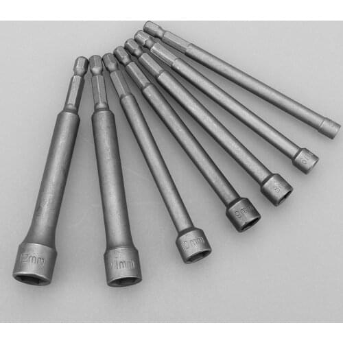 7PCS 1/4" 110mm Long Hex Magnetic Nut Driver Socket Set Metric Impact Drill Bits Adapter 5-12mm Socket Wrench Extension Bar