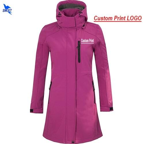 Customize LOGO Long Waterproof Softshell Jacket Women Outdoor Camping Fleece Thermal Hiking Hooded Coat Windstopper Ski Clothes